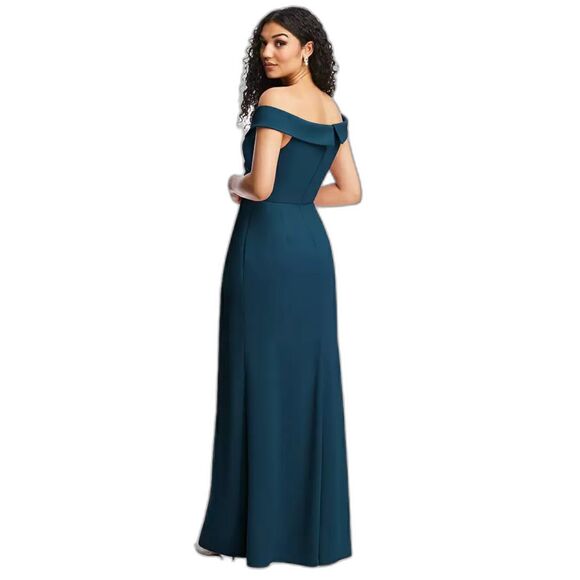 After Six SZ 4 Off-the-Shoulder Pleated Faux Wrap Maxi Dress Atlantic Blue - Picture 2 of 9